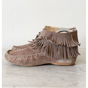 Zara Womens Suede Fringe Moccasin Ankle Boots Taupe Brown Back‎ Zip Size 39 8.5